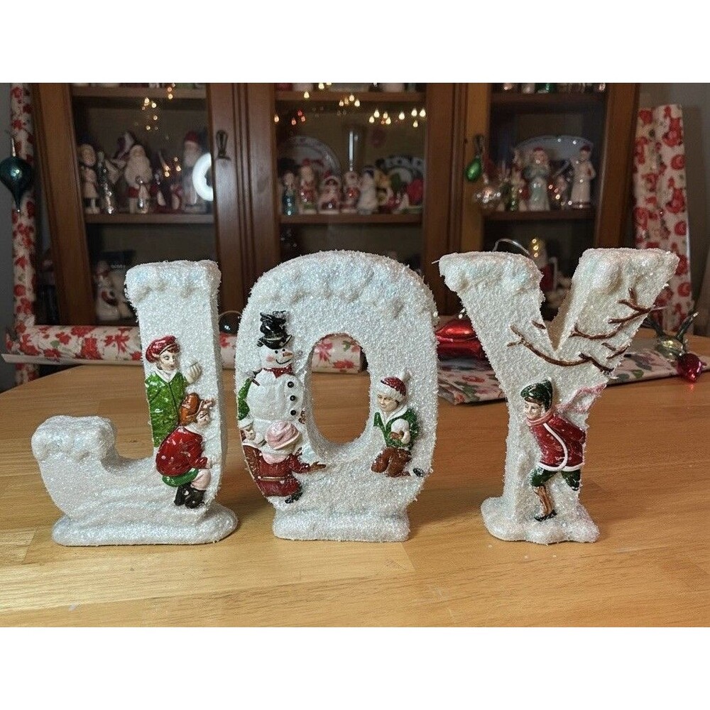 JOY Christmas Figurine Set Snow Texture Kids Snowman Holiday Decor Vtg Inspired